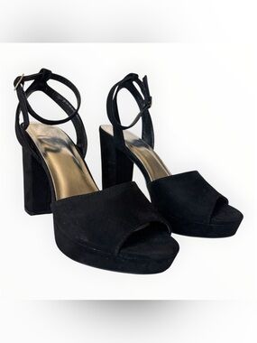Dominique Nicole Black Suede Platform Block Heel Sandals with Ankle Strap | 6.5
